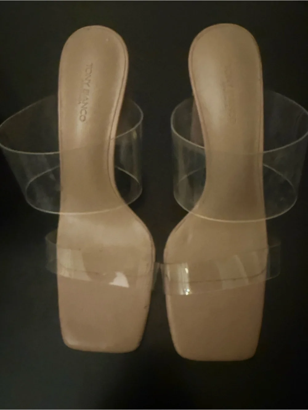 Tony Bianco Beige Clear Strap Mule Heels